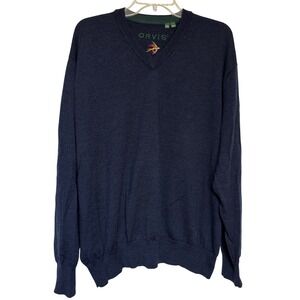 Orvis Mens Navy Blue V Neck Sweater Fly Fishing Logo Merino Wool XXL